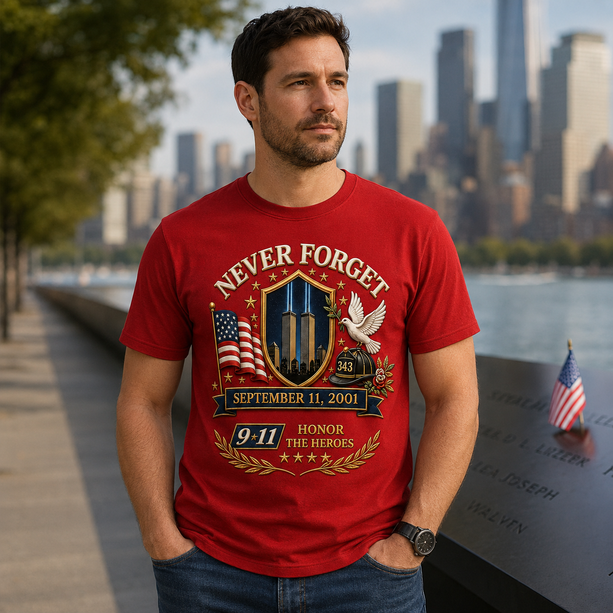 Never Forget 9.11 Firefighter Memorial Patriotic Tribute Gift For Him - Personalized Shirt