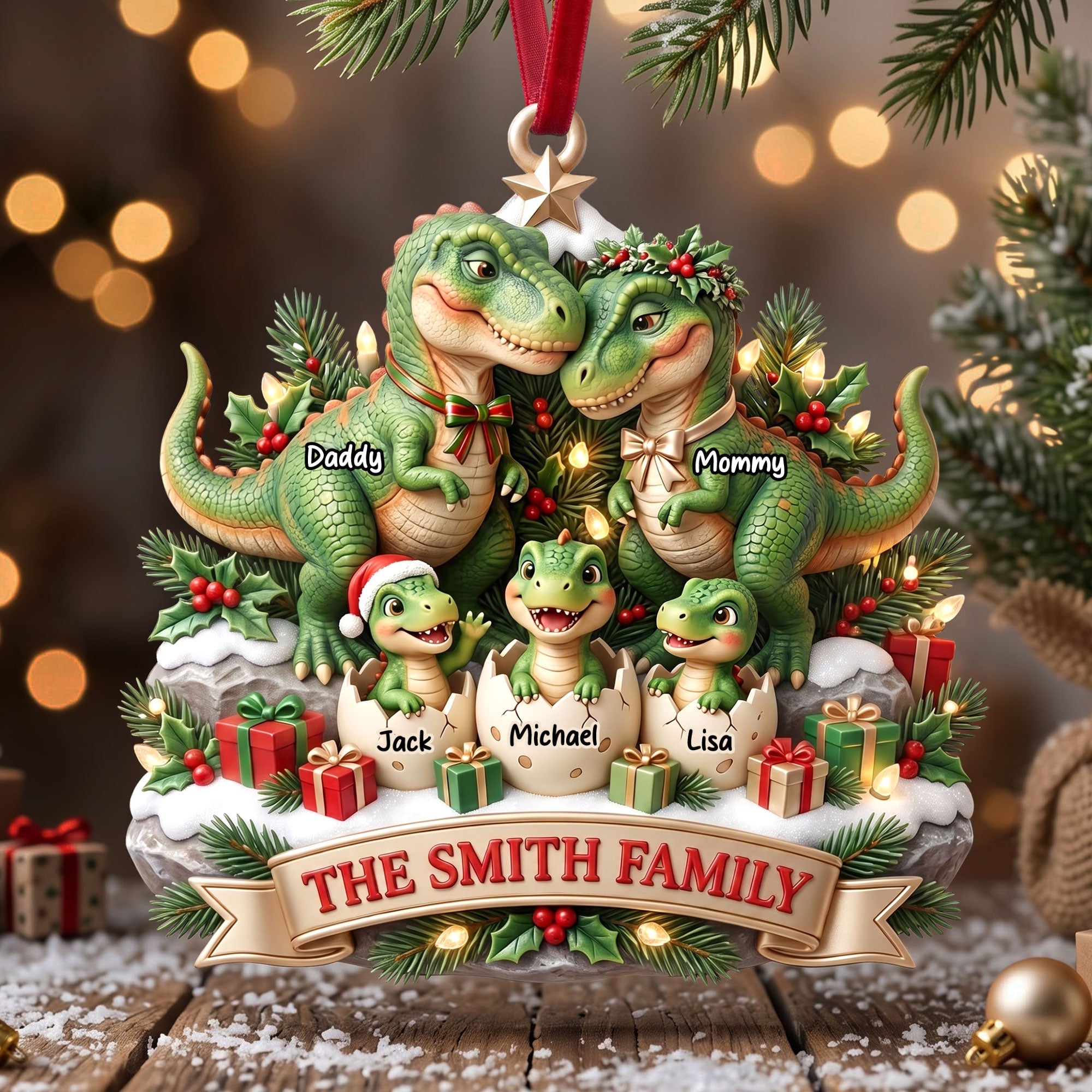 Dinosaur Family Christmas Gifts For Family - Personalized Acrylic Ornament HN02