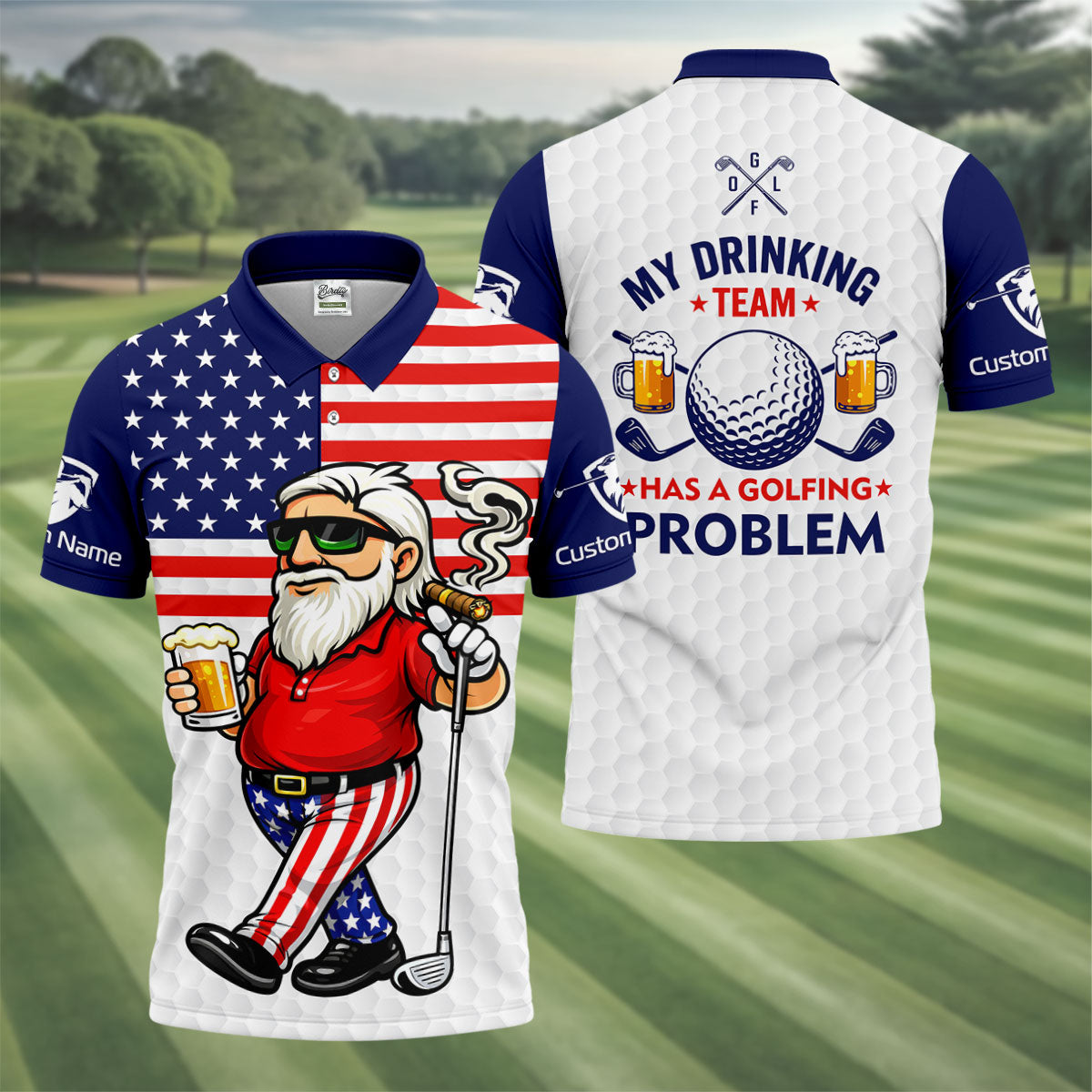 MyDrinkingTeamHasAGolfingProblemPatrioticManGolfAndBeer250Years4thOfJulyGolfShirtsForMen1