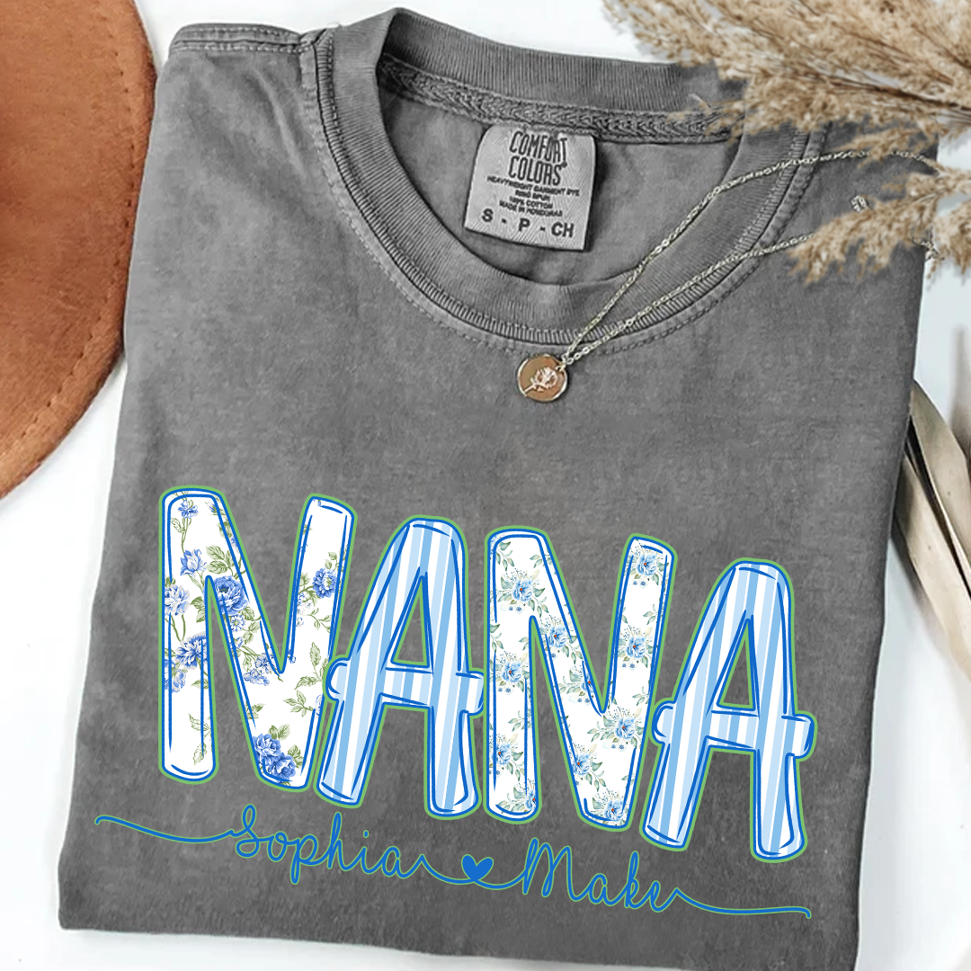 Personalized Nana Shirt Floral Print Comfort Colors Tee Custom Grandmother Gift with Grandkids Names_Pepper_S 1 ytAEb