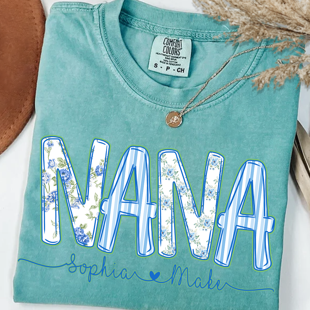 Personalized Nana Shirt Floral Print Comfort Colors Tee Custom Grandmother Gift with Grandkids Names_Seafoam_S 1 vVkce