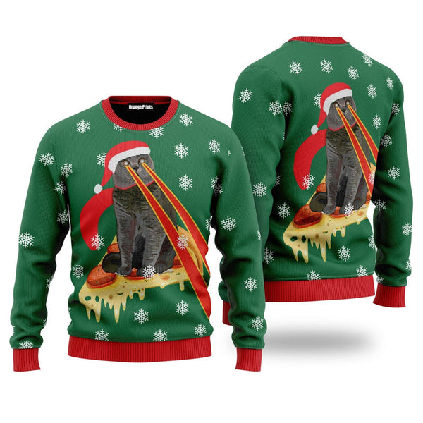 Meme Pizza Cat With Laser Eyes Green - Funny Ugly Christmas Sweater