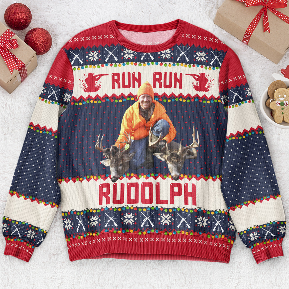 Run Run Rudolph Hunting Christmas Gifts For Dad_ Grandpa_ Husband Personalized Photo Ugly Sweater_1_80d6ee48 c202 4155 b6b7 8fd4bc9177d7