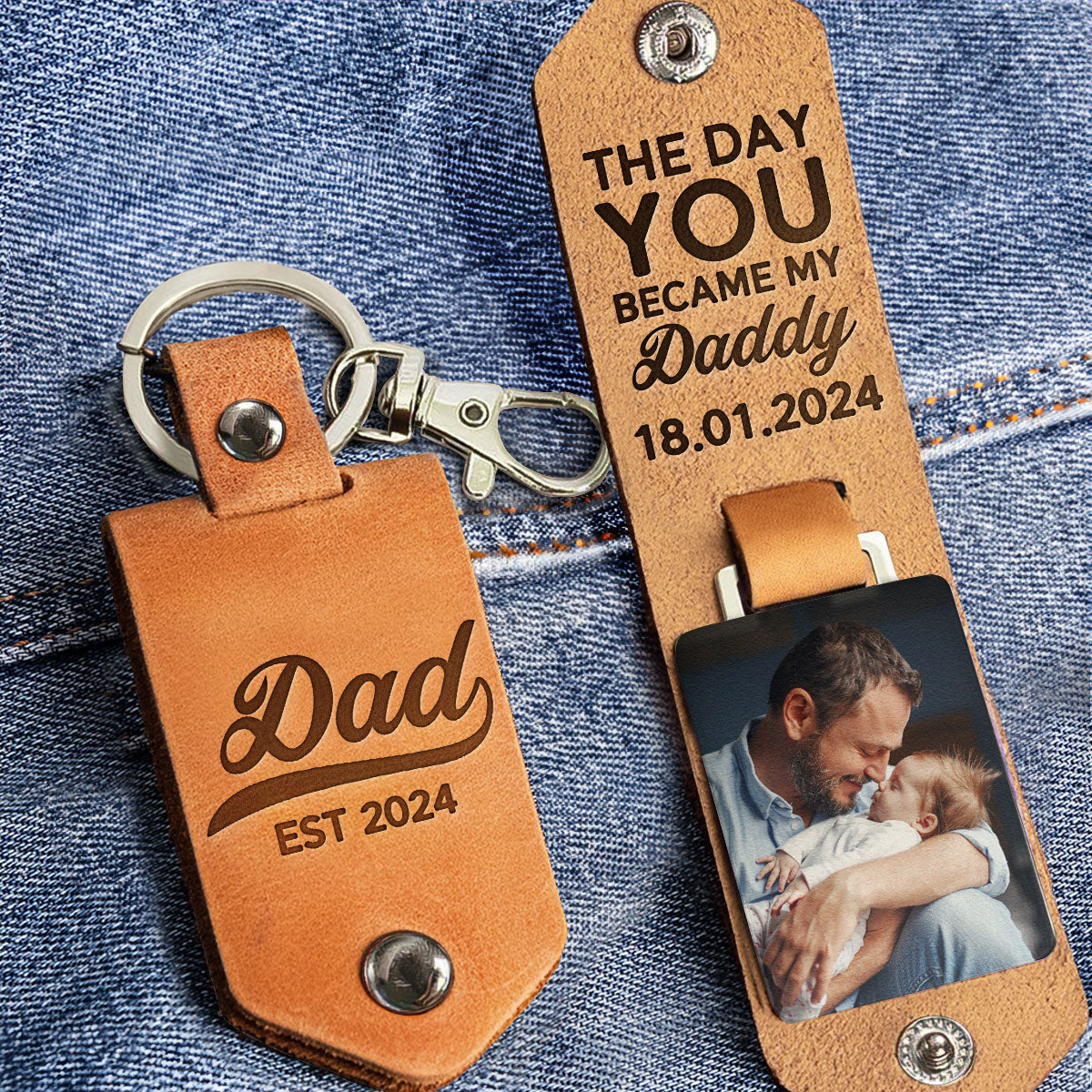 The Day You Became My Daddy First Time Dad Personalized Leather Photo Keychain_2