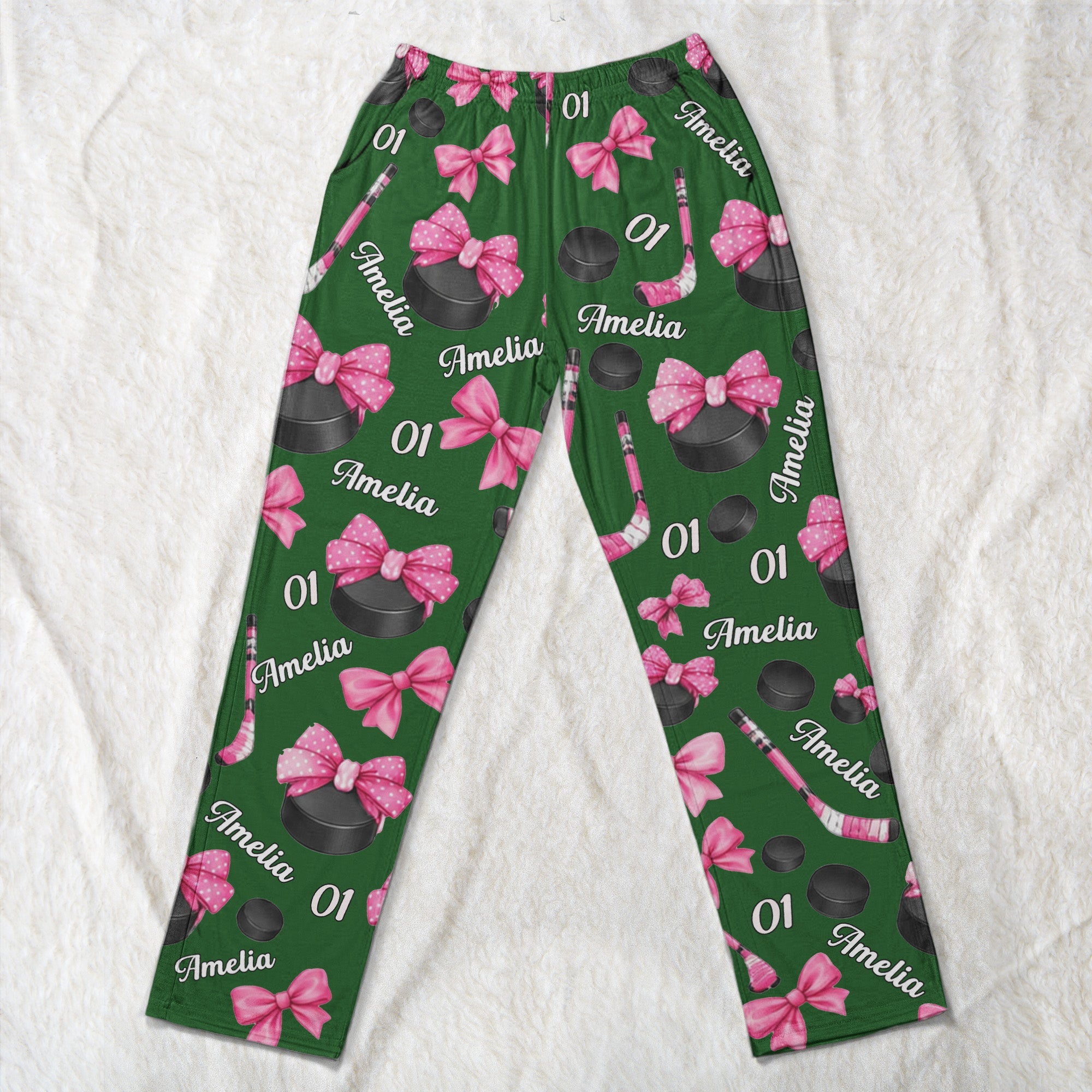 coquette bow hockey custom name number gift for hockey player hockey team personalized lounge pants 4