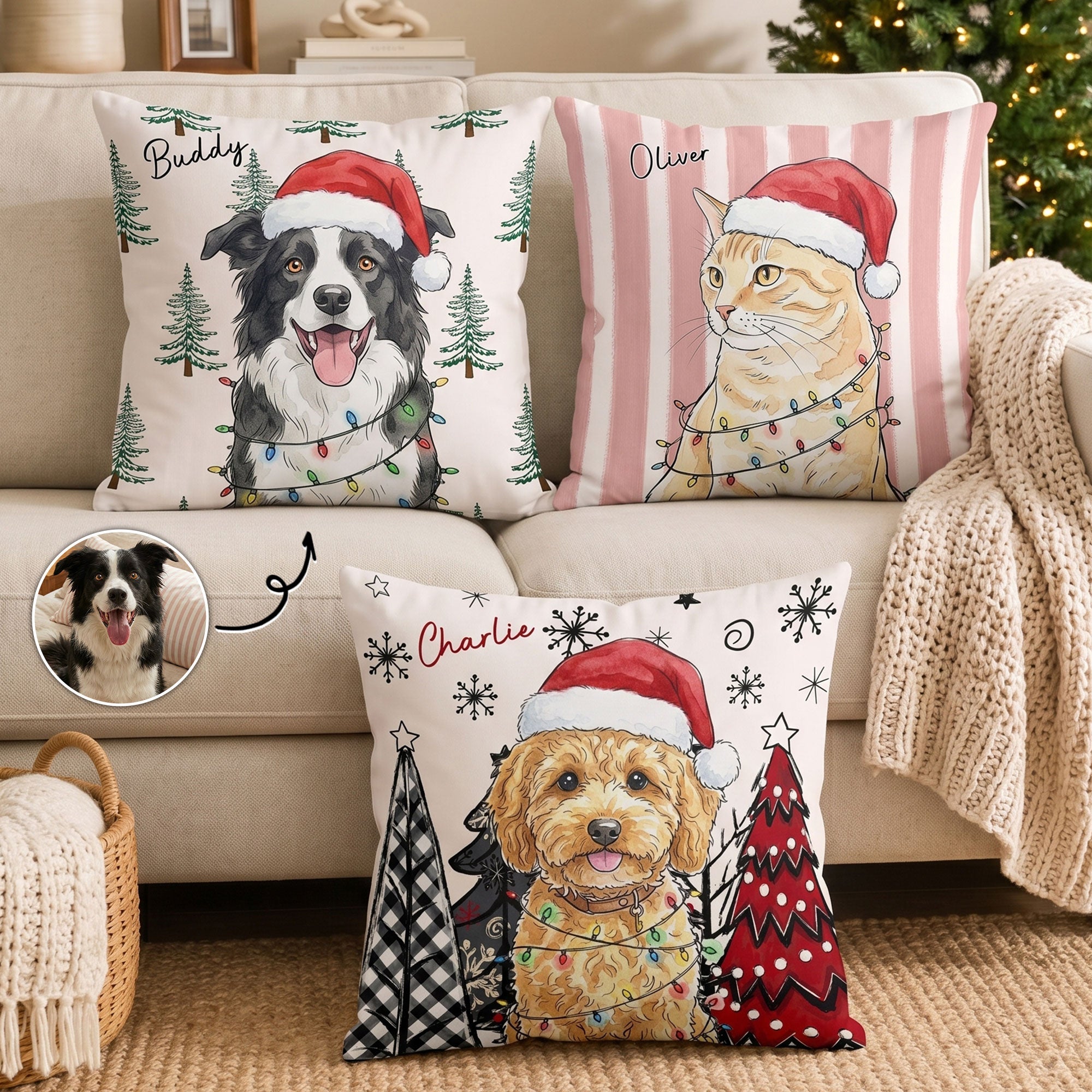custom pet photo watercolor art christmas winter decor gift personalized pillow 1