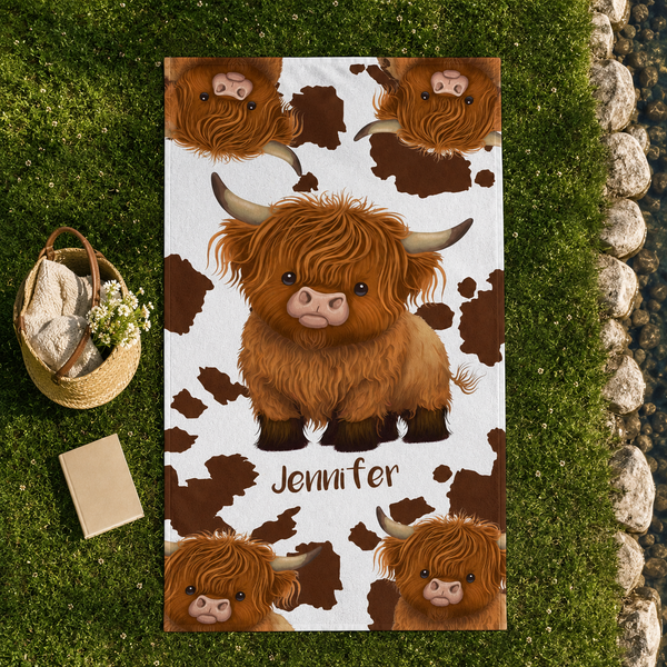Cute Highland Cows Summer Vacation - Personalized Beach Towel - Gifts For Travel Lovers