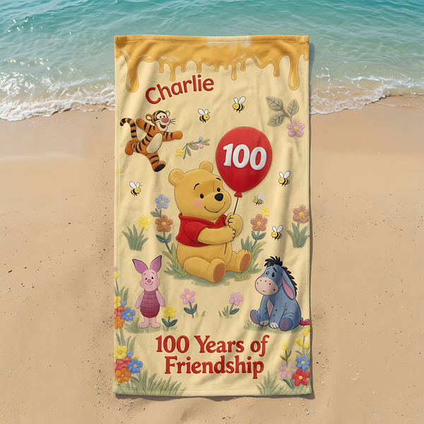 100th Anniversary Friendship With Honey Bear Celebration - Personalized Beach Towel - Vacation Gift For Movie Fans - DSNY