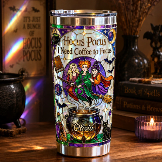 Three Witches I Need Coffee To Focus - Personalized Tumbler - Halloween Gift HH01