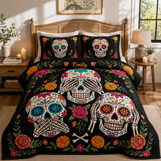 Colorful Sugar Skull Day of the Dead Floral Halloween Decor - Personalized Quilted Bedding Set