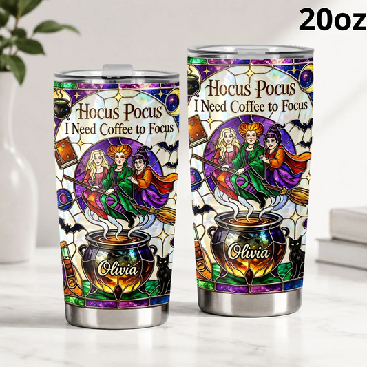 Three Witches I Need Coffee To Focus - Personalized Tumbler - Halloween Gift HH01