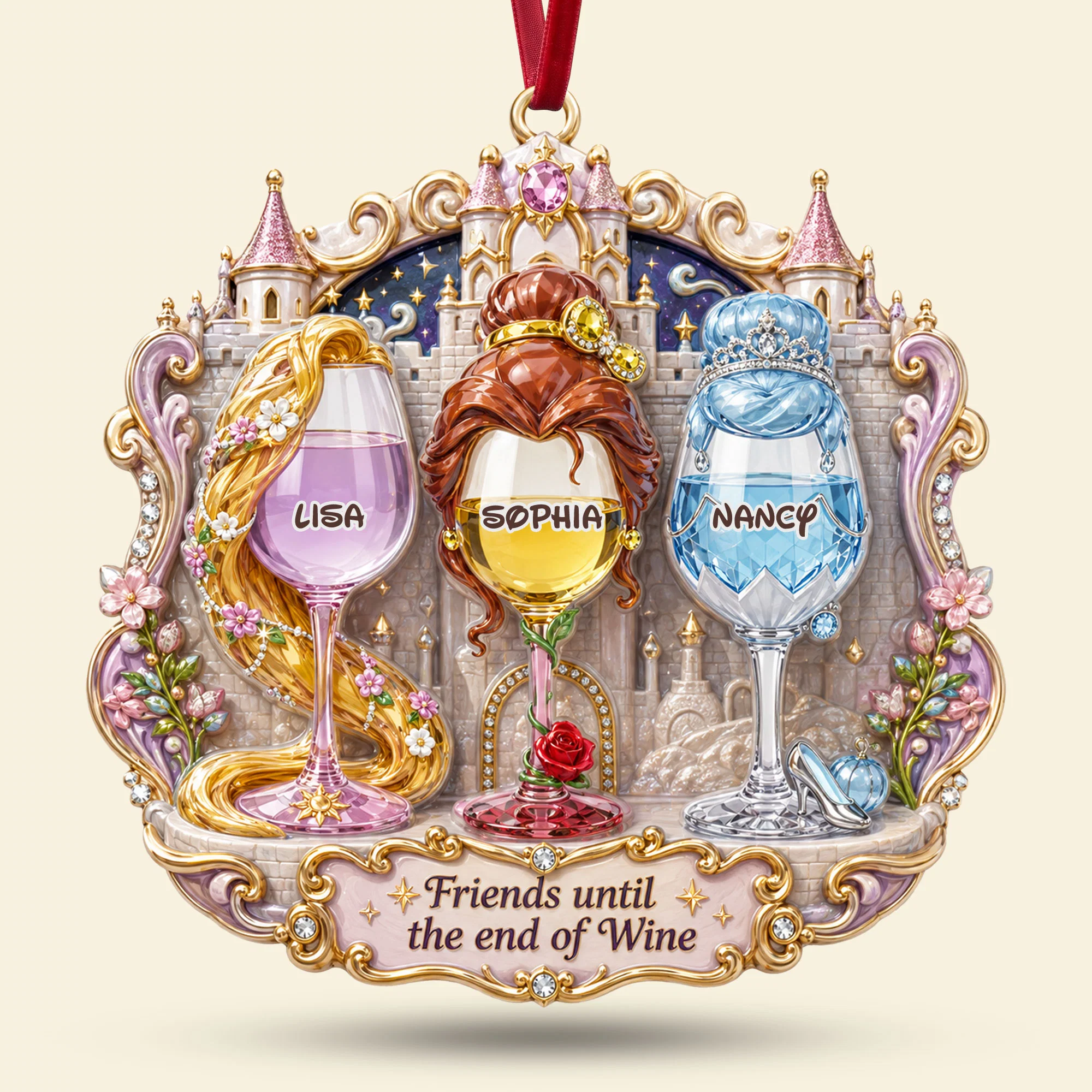 Princess Wine Glasses Custom Name Christmas Gift For Besties - Personalized Acrylic Ornament