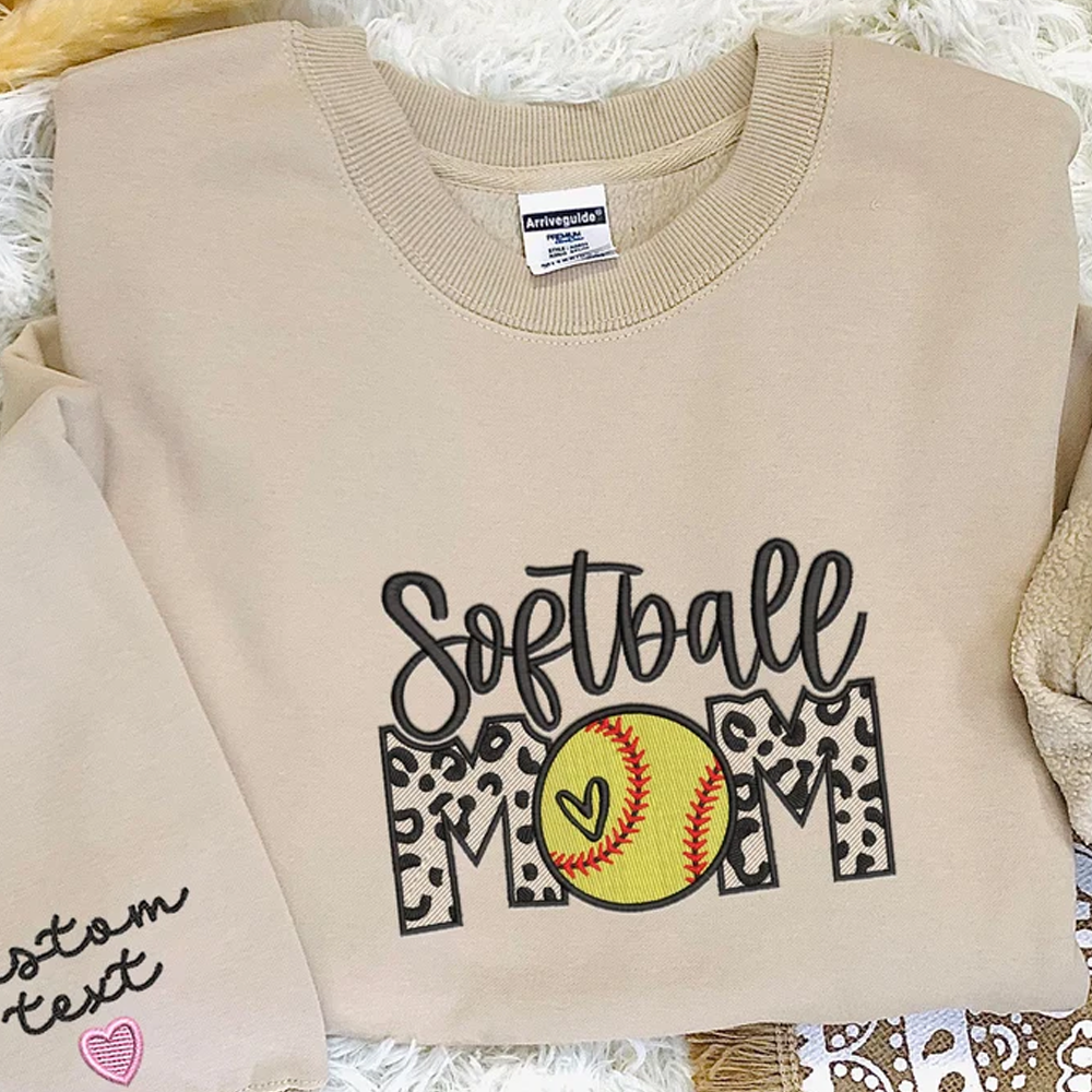 Custom Softball Mom With Kid On Chest And Sleeve - Gift For Mom, Sport Lovers- Embroidered Sweatshirt