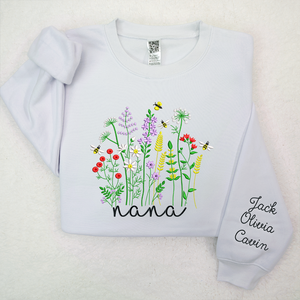 Custom Text Wildflower Nana With Grandkids - Embroidered Hoodie, Sweatshirt, Tshirt - Gift for Grandma