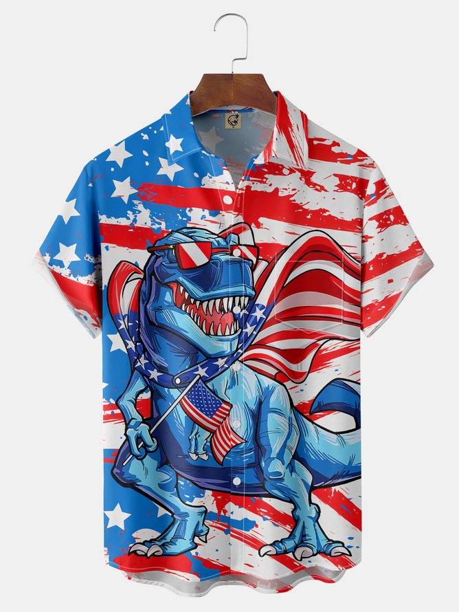 Big Size Flag Dinosaur Chest Pocket Short Sleeve Shirt Hawaiian Shirt
