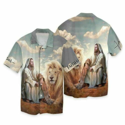 Jesus lion aloha shirt, Christian Jesus Lion Faith Over Fear Hawaiian Shirt