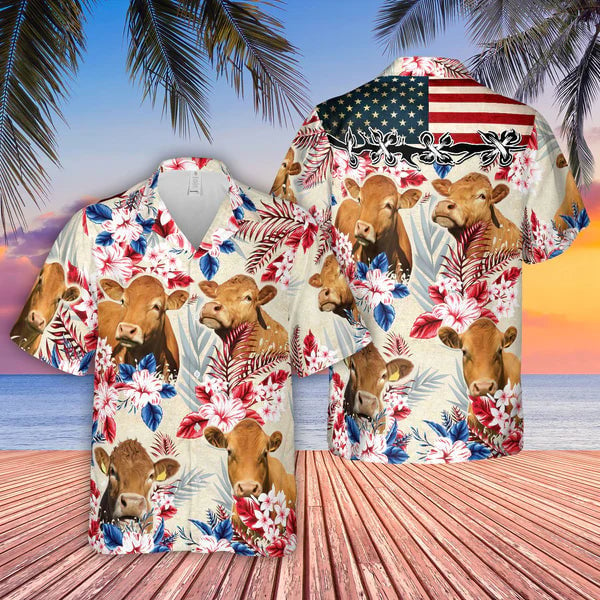 Limousin Pattern US FLAG Hawaiian Shirt, Farm Cow Hawaiian shirt