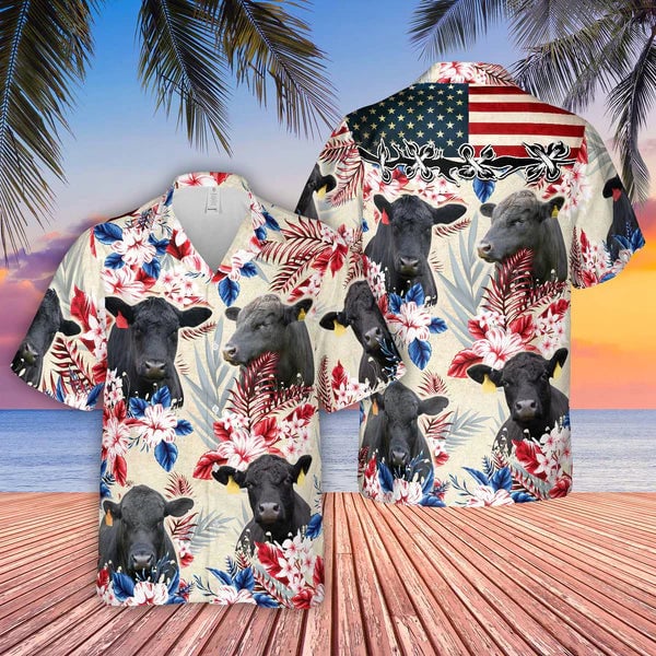 Brangus Pattern US FLAG Hawaiian Shirt, Farm Cow Hawaiian Shirt