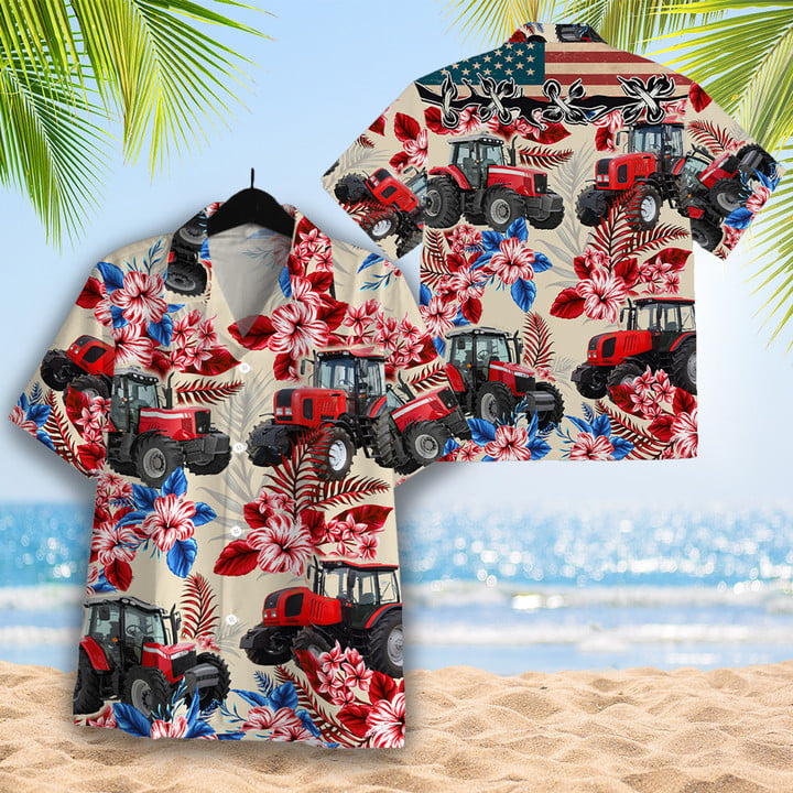 Tractor Pattern US FLAG Hawaiian Shirt, Farm Hawaiian shirt