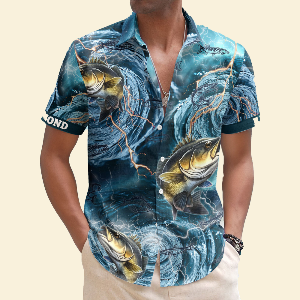 Custom Name Fishing Bass Fish Types Whirlpool Ocean - Personalized Hawaiian Shirt
