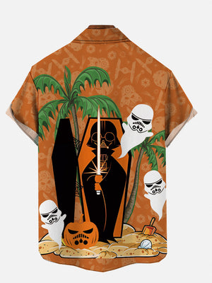 Orange Halloween Mysterious Space Masked Man With Coffin Hawaiian Shirt