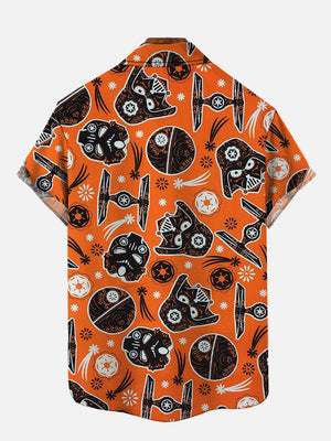 Orange Space Wars Flying Machines And Sugar Skull Hawaiian Shirt