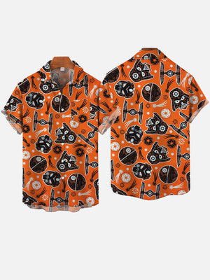 Orange Space Wars Flying Machines And Sugar Skull Hawaiian Shirt