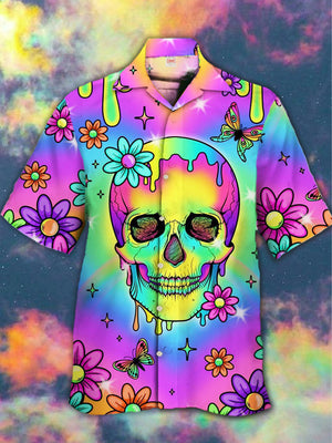 Psychedelic Hippie Colorful Skull And Flower Hawaiian Shirt