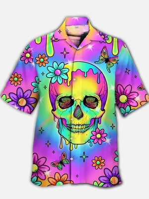 Psychedelic Hippie Colorful Skull And Flower Hawaiian Shirt