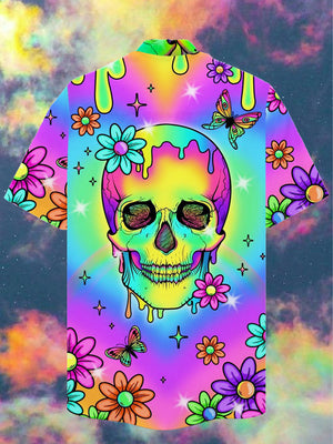 Psychedelic Hippie Colorful Skull And Flower Hawaiian Shirt