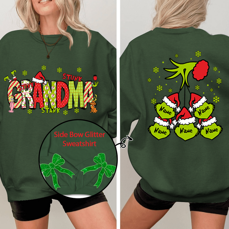 Custom Name Merry Christmas Stunk Grandma - Side Bow Glitter Embroidred Sweatshirt - Gift For Grandma NH96