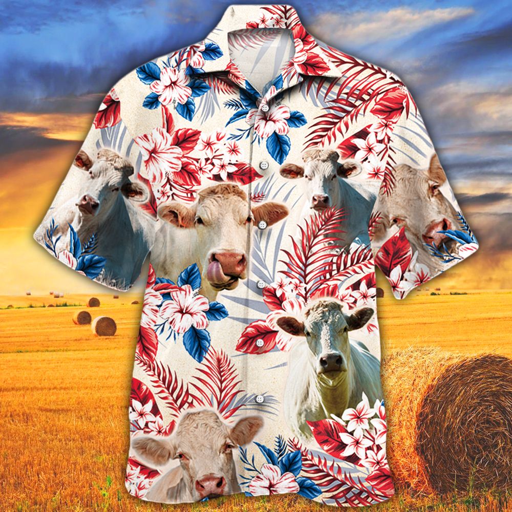 Unique Charolais Cattle Australian Flag Hawaiian Flowers All Over Printed 3D Hawaiian Shirt