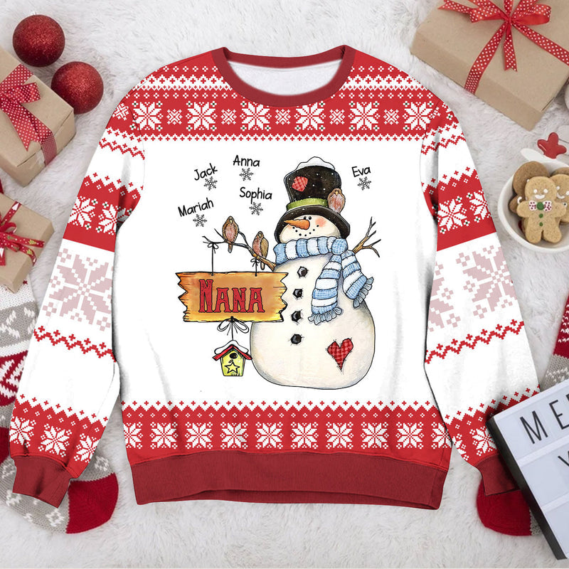 Personalized Nana Grandma Snowman Kid Snowflake Ugly Sweater