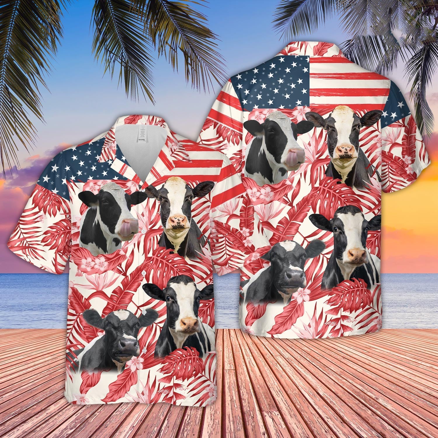 Unique Holstein Red Floral US Flag 3D Hawaiian Shirt