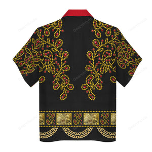 Elvis Spanish Flower Black With Red Stones - Costume Cosplay Hawaiian Shirt ELHS39