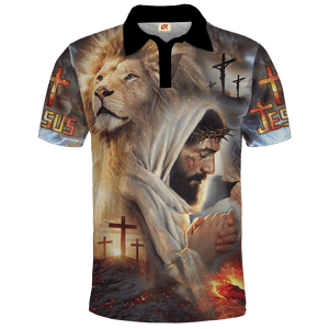 Jesus Praying And Lion Polo Shirt For Men