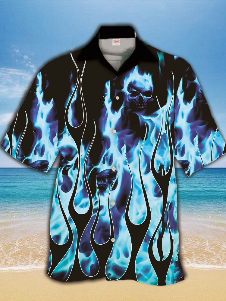 Fierce Skull With Blue Flames Burning Hawaiian Shirt