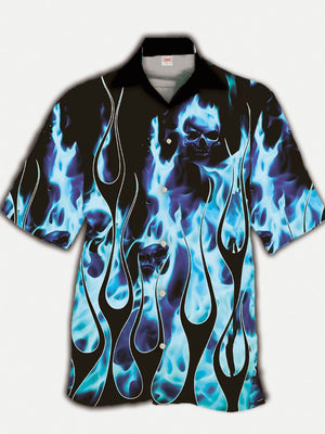 Fierce Skull With Blue Flames Burning Hawaiian Shirt