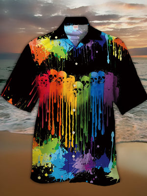 Rainbow Painting Paint Splatter Sugar Skull Hawaiian Shirt