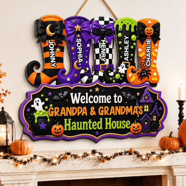 Whimsical Halloween Welcome To Grandma Grandpa Haunted House Witch Boots - Personalized Wood Sign - Gift For Grandparents LA02