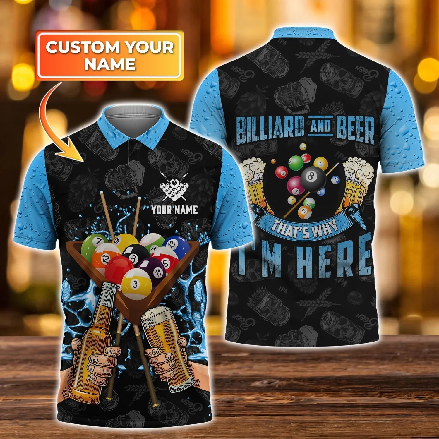 Personalized Name Blue Billiard and Beer Polo Shirt, 3D Over Print Billiard Shirts