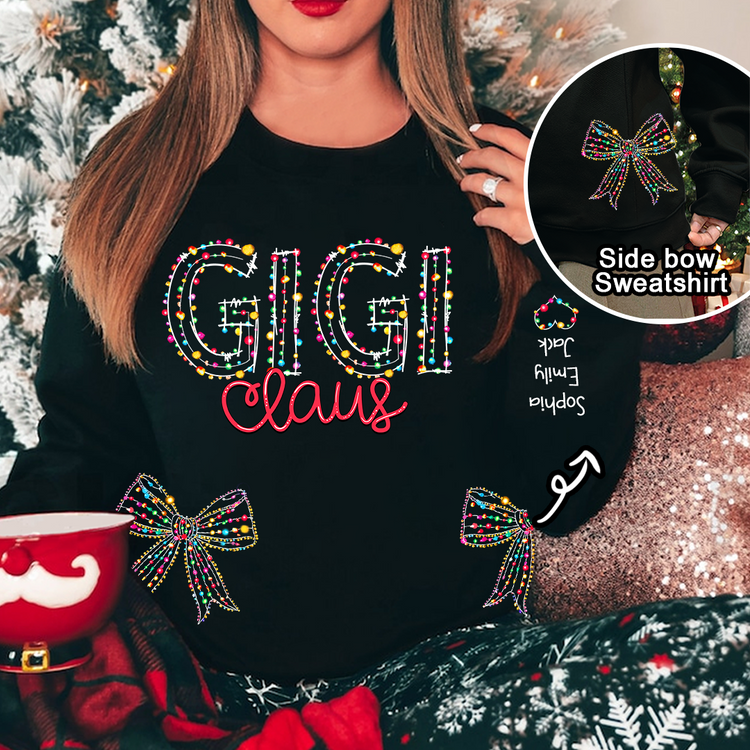 Custom Name Christmas Gigi Claus Light And GrandKids Name - Coquette Bow Light Sweatshirt - Gift For Grandma, Mom - NH96