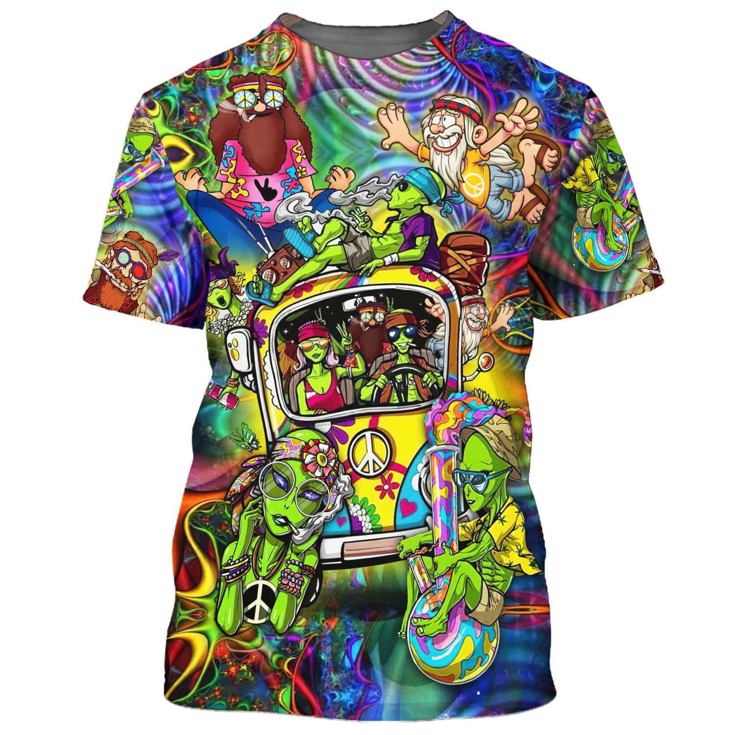 Hippie Alien With Car Colorful- T-Shirt