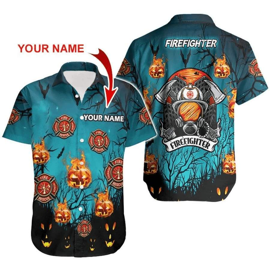 Personalized Firefighter Pumpkin Halloween Hawaiian Shirt For Men & Women