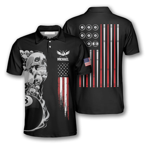 Personalized Billiards Skull American Flag Patriotic Polo Shirts