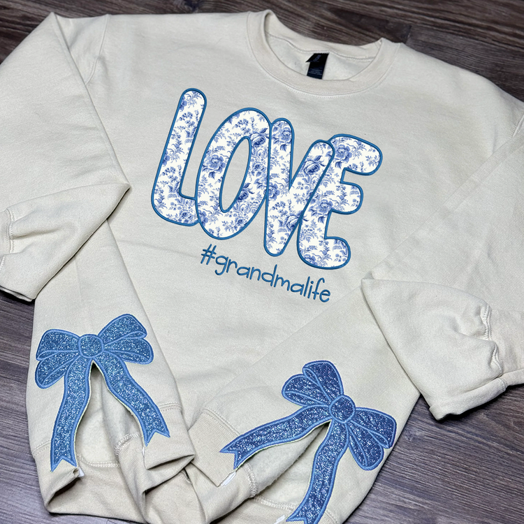 Custom Name Love Grandma Life, Glitter Christmas Bow Embellished Sweatshirt – Custom Embroidered Side Bow Cut-Out Sweatshirt - NH96