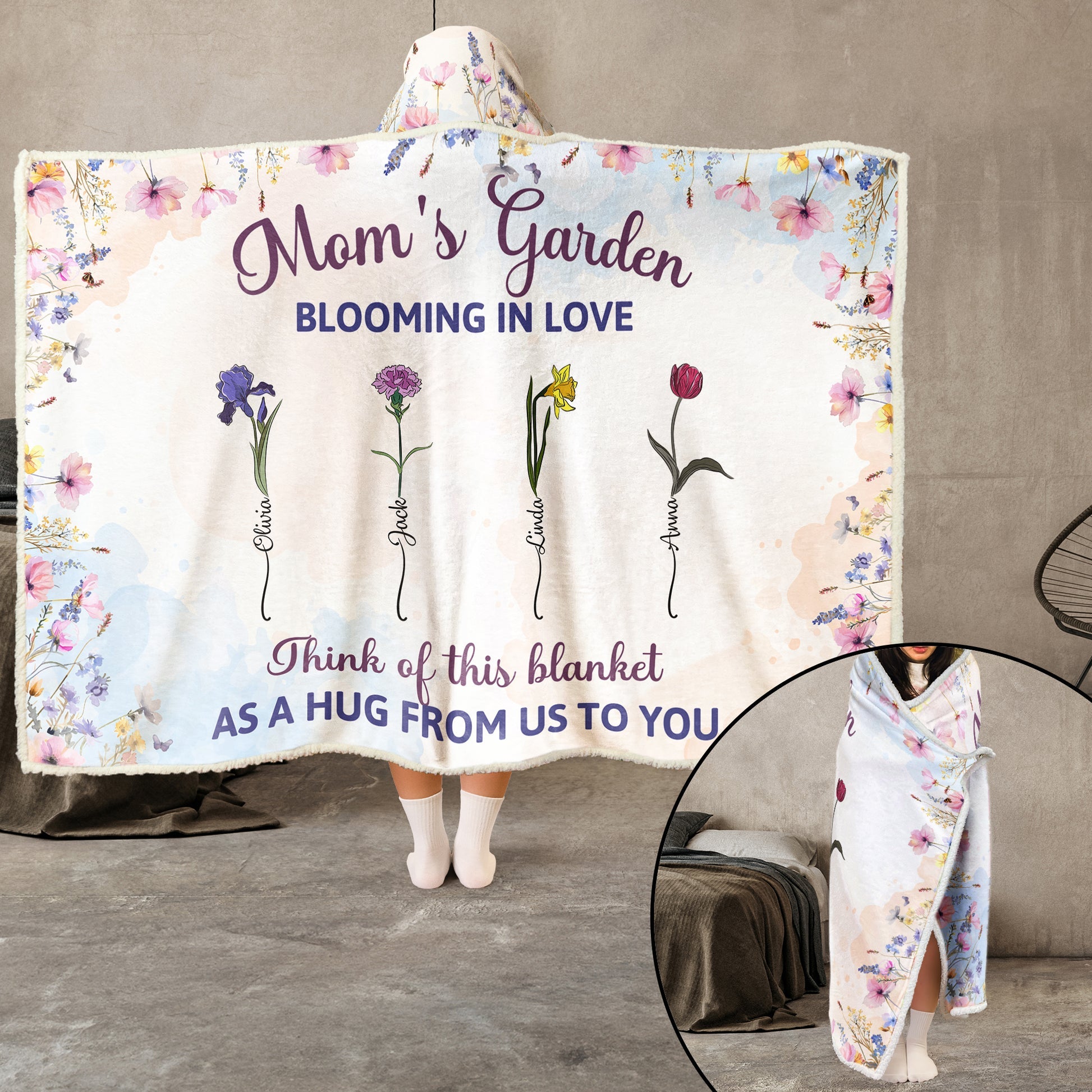 Mom's Garden Blooming In Love - Personalized Wearable Hooded Blanket - Gift For Grandma, Mom - NA9