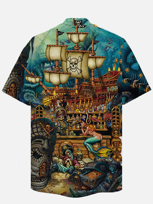 Vintage Map Print Skull Pirate Treasure Hawaiian Shirt