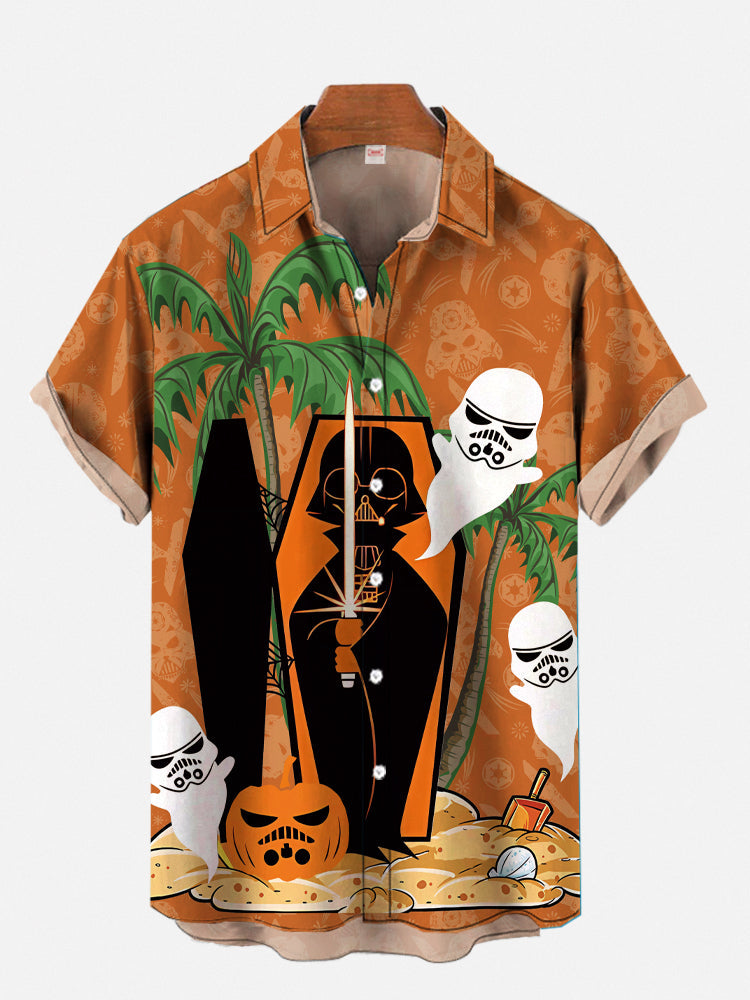 Orange Halloween Mysterious Space Masked Man With Coffin Hawaiian Shirt