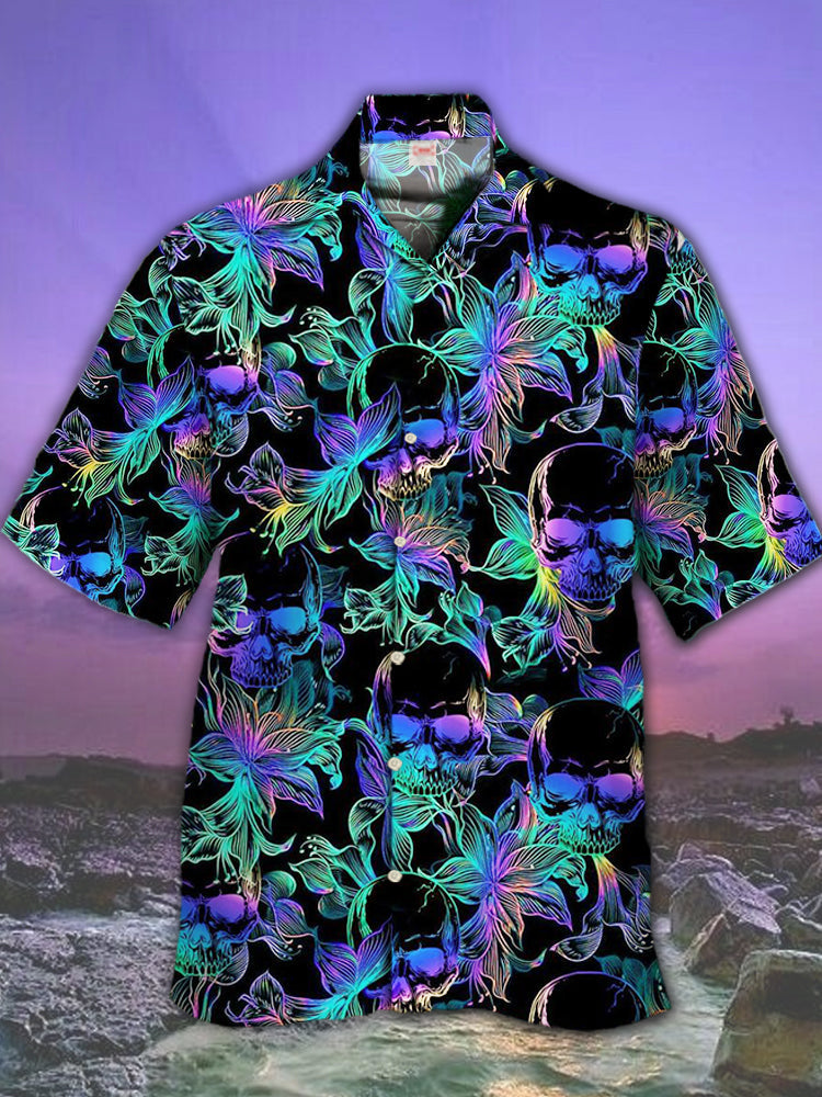 Psychedelic Hippie Colored Spiral Twisted Skulls Hawaiian Shirt